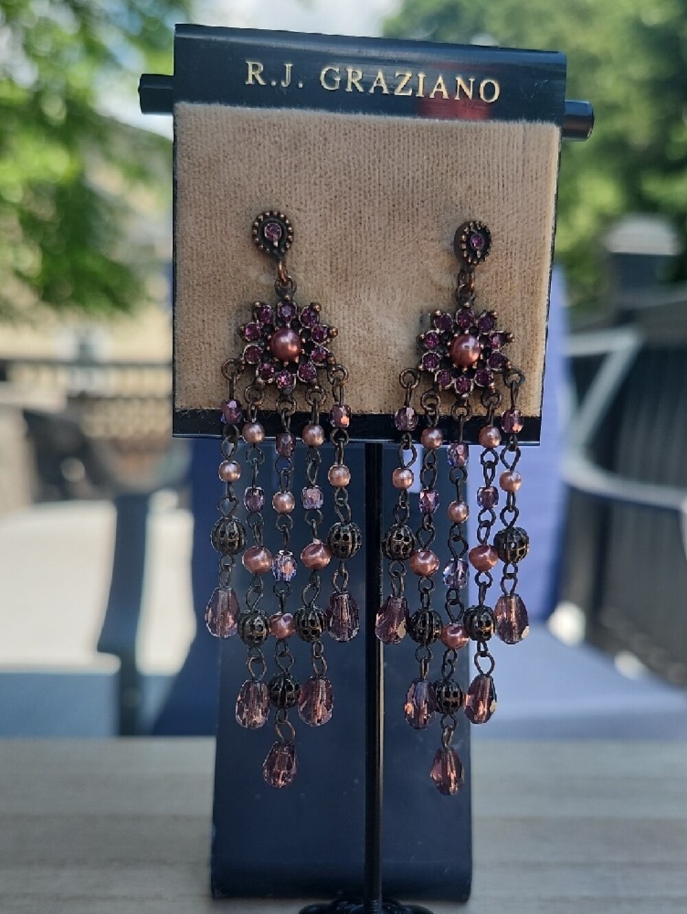 R.J. Graziano Antique Gold-Tone Purple and Mauve Beaded Chandelier Earrings - Picture 2 of 4